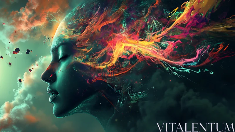 Surreal digital portrait with exploding chromatic mindscape.