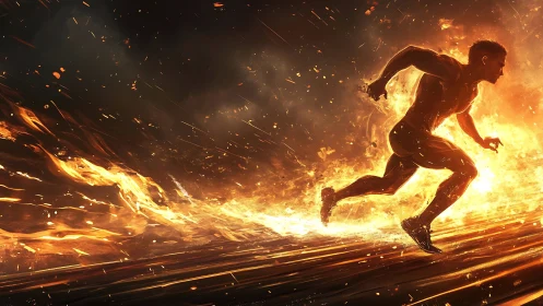 Blazing runner surges forward through swirling golden fire