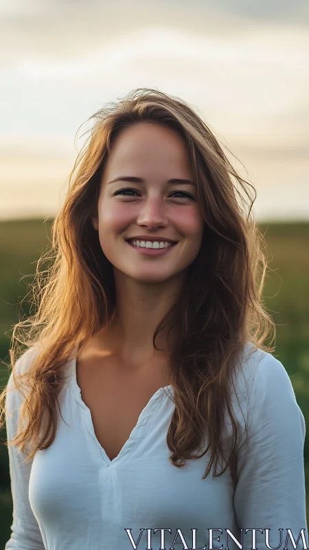 Sunlit smile in windswept meadow at golden hour glow.