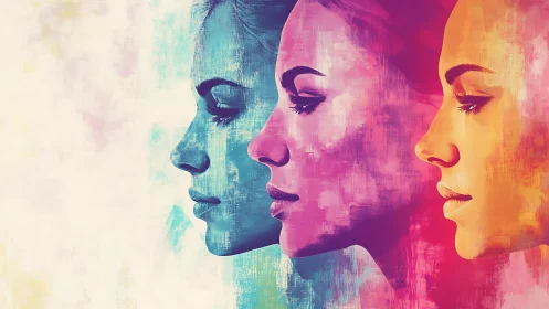 Vibrant Abstract Portraits of Women in Blue, Pink, and Orange Tones.