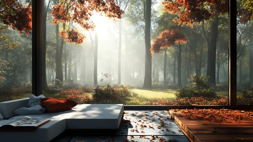Autumn Forest View From Contemporary Interior Space.