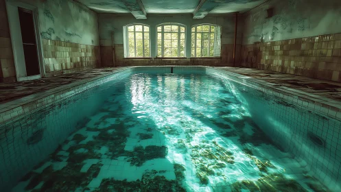 Sunlit abandoned indoor pool shimmers with haunting calm