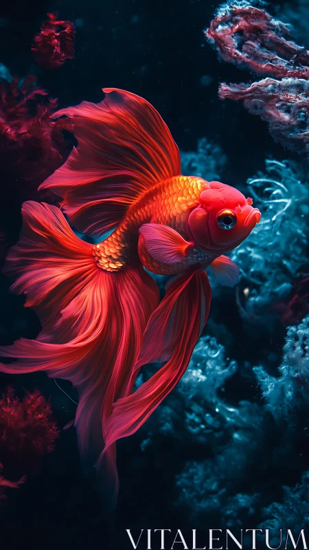 Vivid red goldfish swimming against deep blue water.