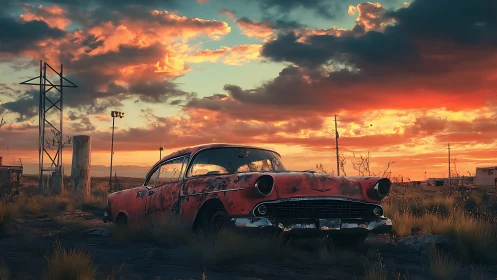 Rusting vintage car in overgrown roadside lot at sunset.