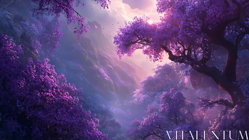 Iridescent violet forest ravine rendered in atmospheric fantasy light