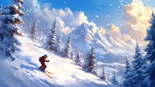 Solitary skier descending sunlit alpine powder slope.