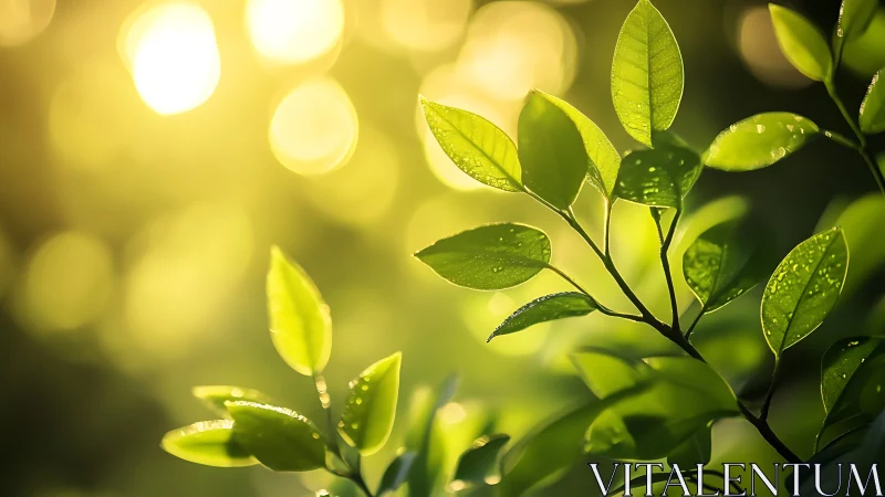 Vibrant green leaves in sunlight, nature macro photography style.