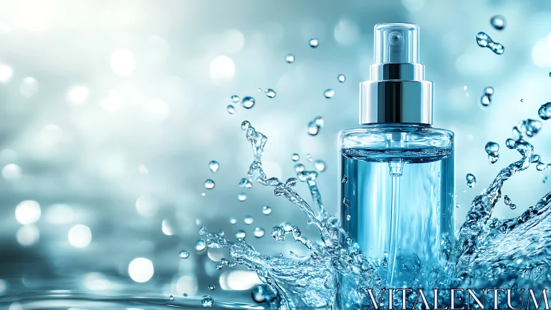 Glass spray bottle with dynamic aqua splash illumination.