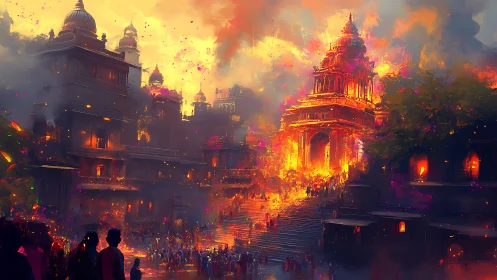 Temple stairways ignite in molten dusk and festival light