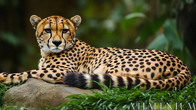 Cheetah reclines on rock with sharp focus and shallow depth of field