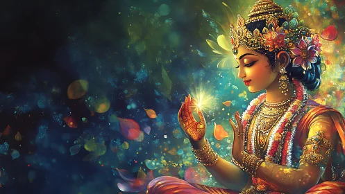 Radiant goddess in glowing garlands and swirling color light.