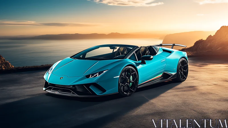 Turquoise Lamborghini convertible on coastal mountain road.