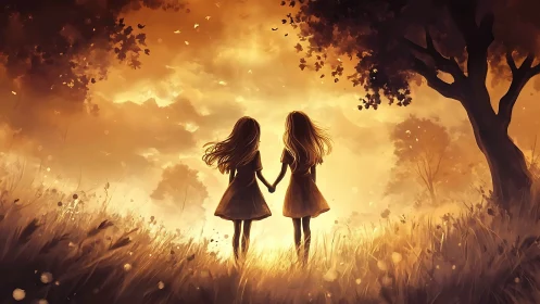 Sisters holding hands in a golden sunset dreamscape.