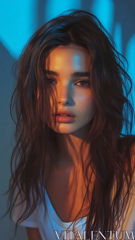 Sunlit daydreamer in tangled hair and electric blue glow.