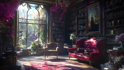 Digital painting of sunlit Victorian library interior design.