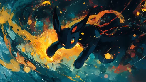 Midnight creature leaping through swirling cosmic embers.