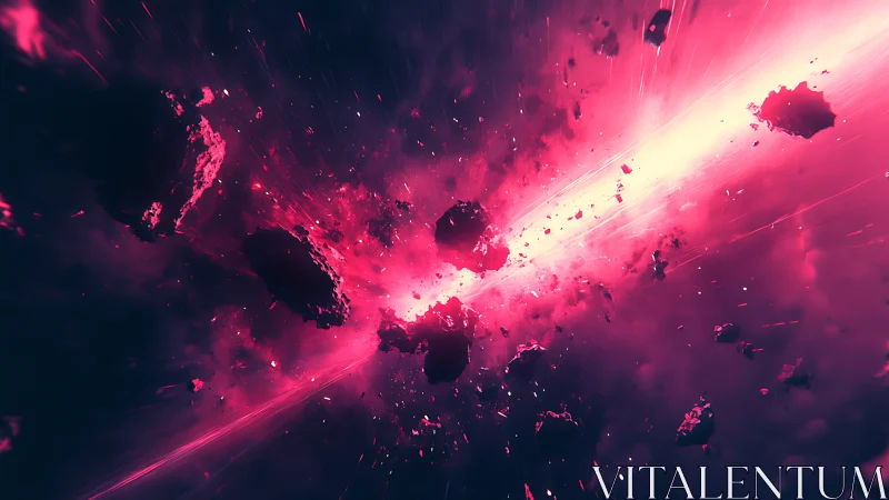 Crimson asteroid field split by radiant cosmic energy beam.