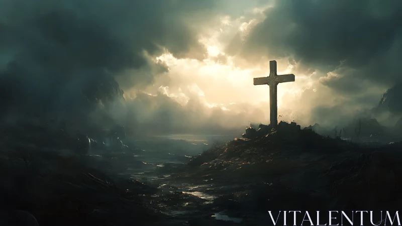 Backlit stone cross on storm-swept wasteland under rifted clouds.