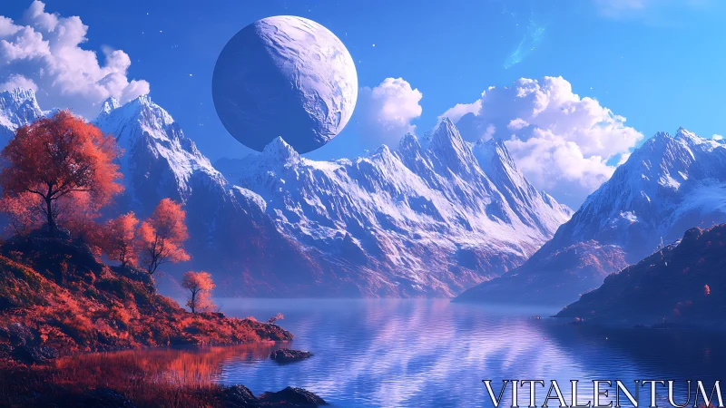 Cryogenic exoplanet lake under oversized glacial satellite.