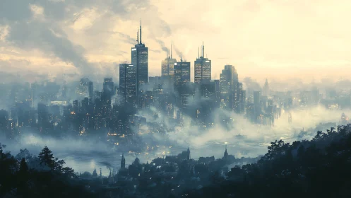Dense modern skyline above foggy river basin at dawn.