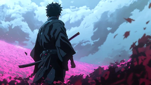 Lone samurai overlooks neon pink field under storm sky.