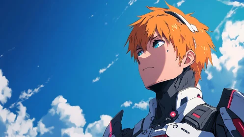 Orange haired mecha pilot staring toward bright summer sky.