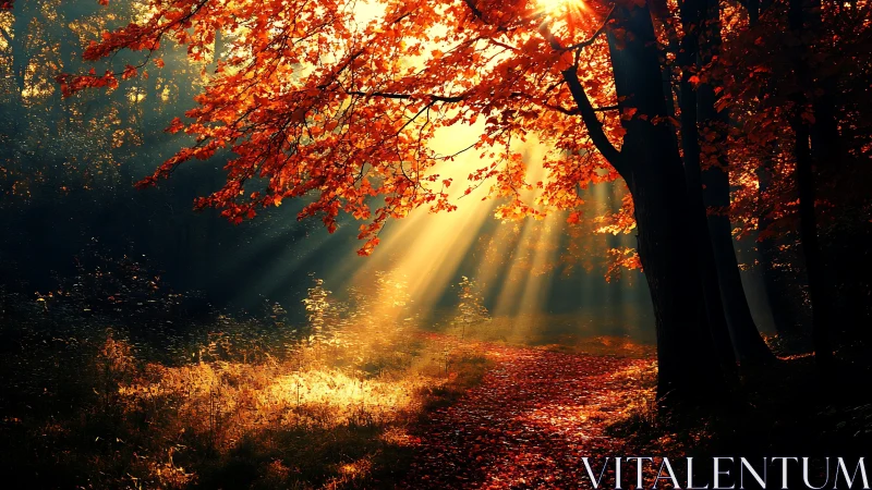 Autumn Forest Path with Sun Rays in Warm, Dreamy Style.
