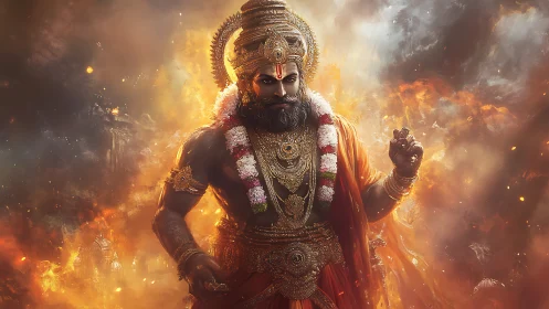 Mythic warrior deity strides through burning celestial storm