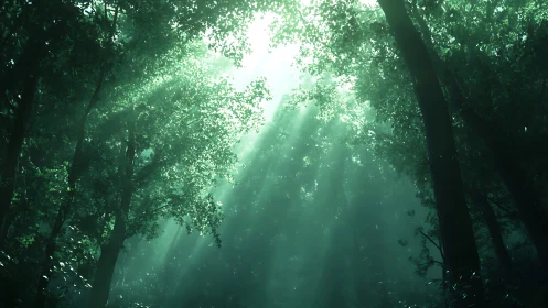 Sunlight breaks through dense forest canopy.