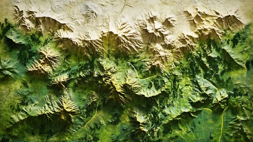 Textured topographic relief map with sunlit mountain ridges.