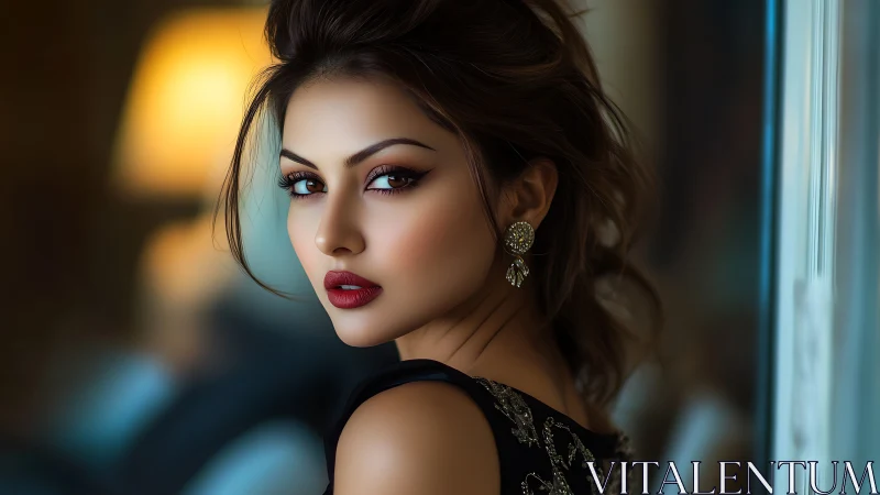 Elegant woman with bold makeup in soft indoor lighting.