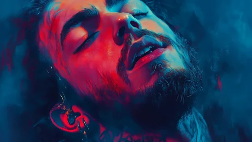 Neon-swept reverie tilts a bearded face into electric hush