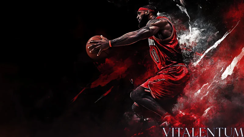 Basketball player in motion with dynamic red paint effects.