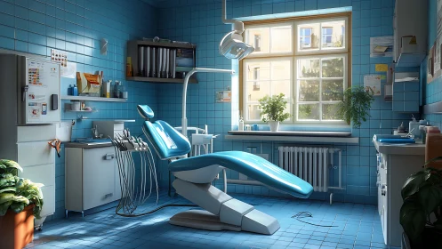 Sunlit blue dental studio ready for a calm checkup visit.