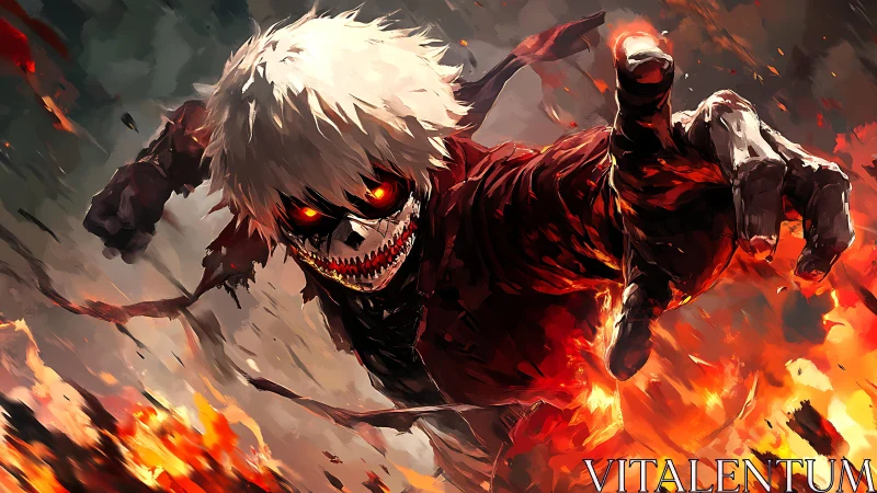 Masked white‑haired figure lunging forward amid fire and smoke.