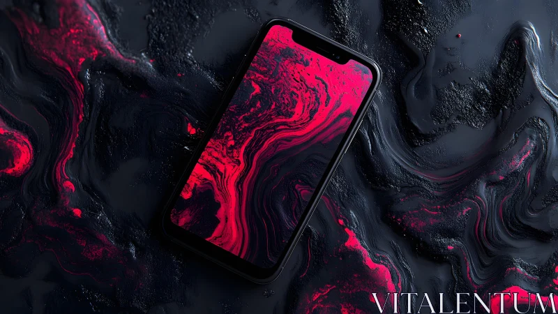 Modern smartphone on abstract red and black marbled background.