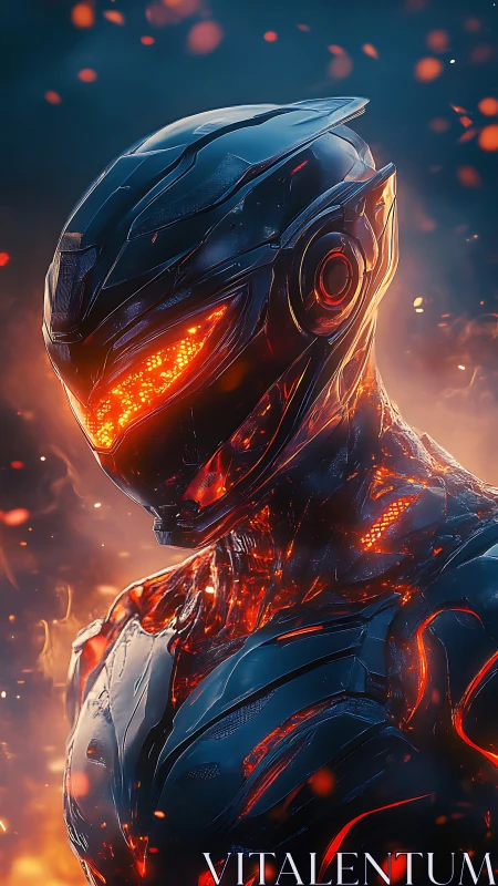 Molten sentry gazes through embers in a forged dawn