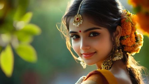 Optically rich portrait of floral adorned woman at dusk.