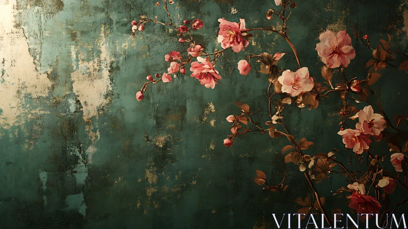 Cherry blossoms curve over distressed teal textured wall
