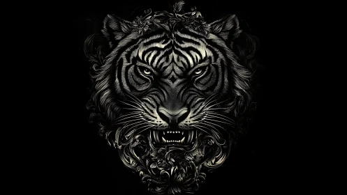 Monochrome ornamental tiger portrait with baroque linework