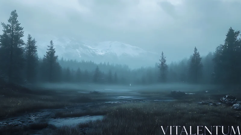 Mist-drifted valley cradling brooding pines and pale mountains.