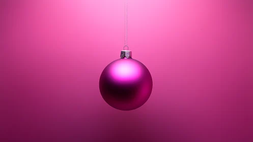 Pink Christmas bauble against plain gradient background.