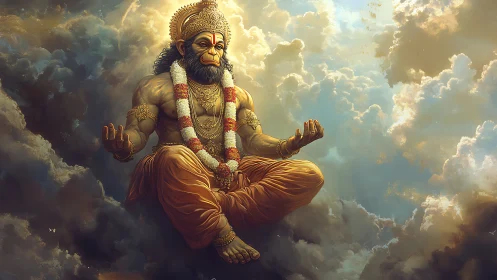 Divine monkey deity in golden meditative sky scene.