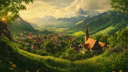 Digital painting of alpine village panorama with golden light.