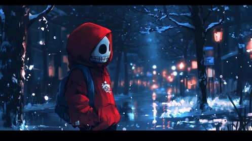 Hooded skull-headed kid wandering neon winter streets at night.