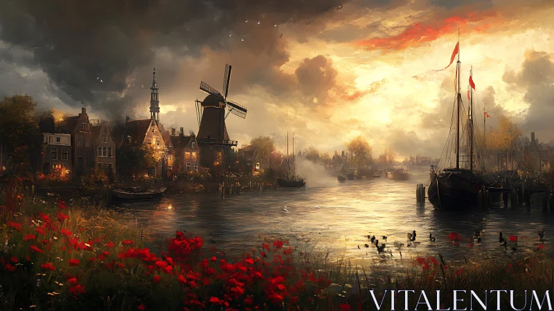 Riverside Dutch town with windmill, moored boats and sunset sky.