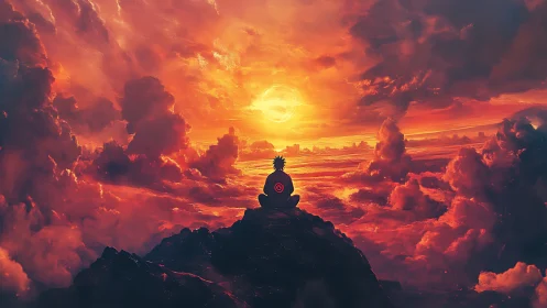 Sunset meditation above the clouds in blazing orange skies.