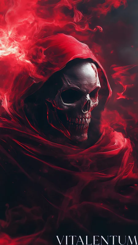 Haunting red reaper wrapped in swirling ember shadows.