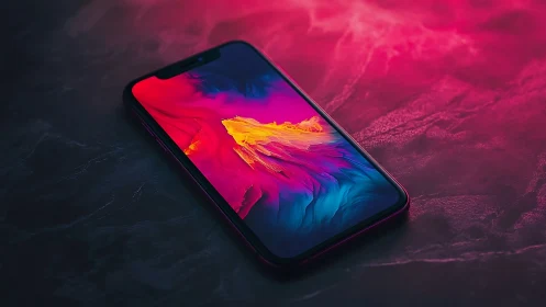 Smartphone displays vibrant abstract gradient with neon aurora effect.