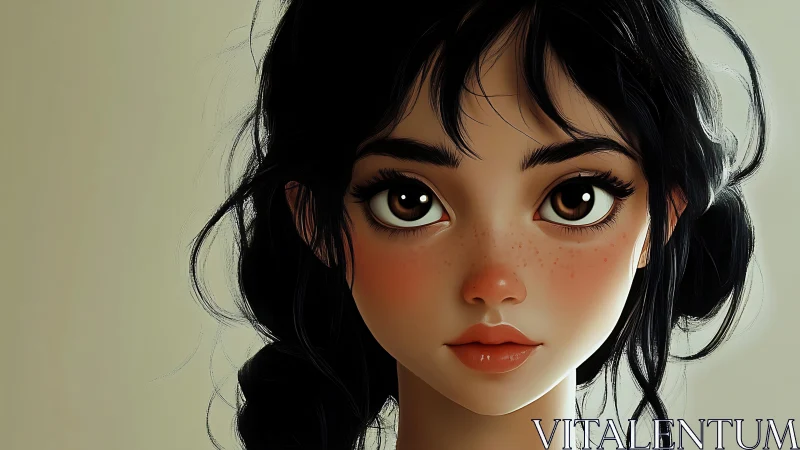 Digital portrait of young woman with large brown eyes.